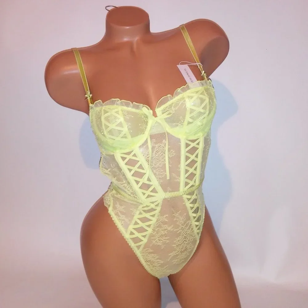 Victoria Secret Lingerie Teddy One Piece Bodysuit Yellow Wicked Lace Fairy Cotta - Picture 2 of 16
